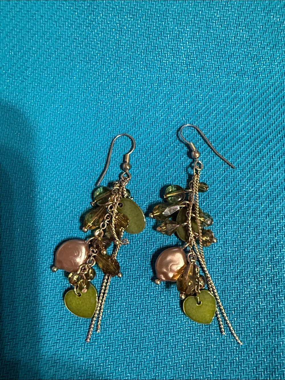 Gold-Tone Dangle Earrings with Olive Green and Pink Accents